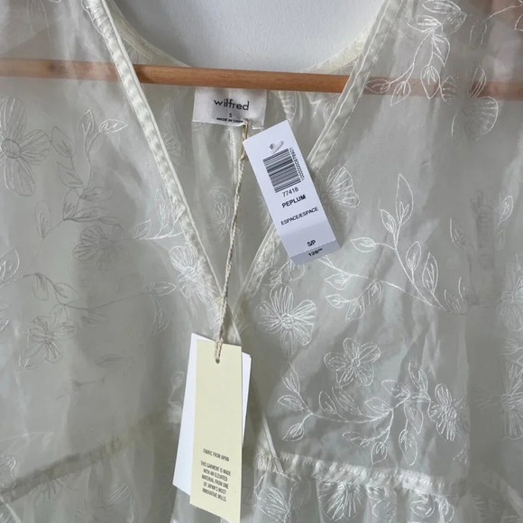 Aritzia Wilfred Peplum Embroidered Floral Blouse NWT White Espace - Picture 5 of 7